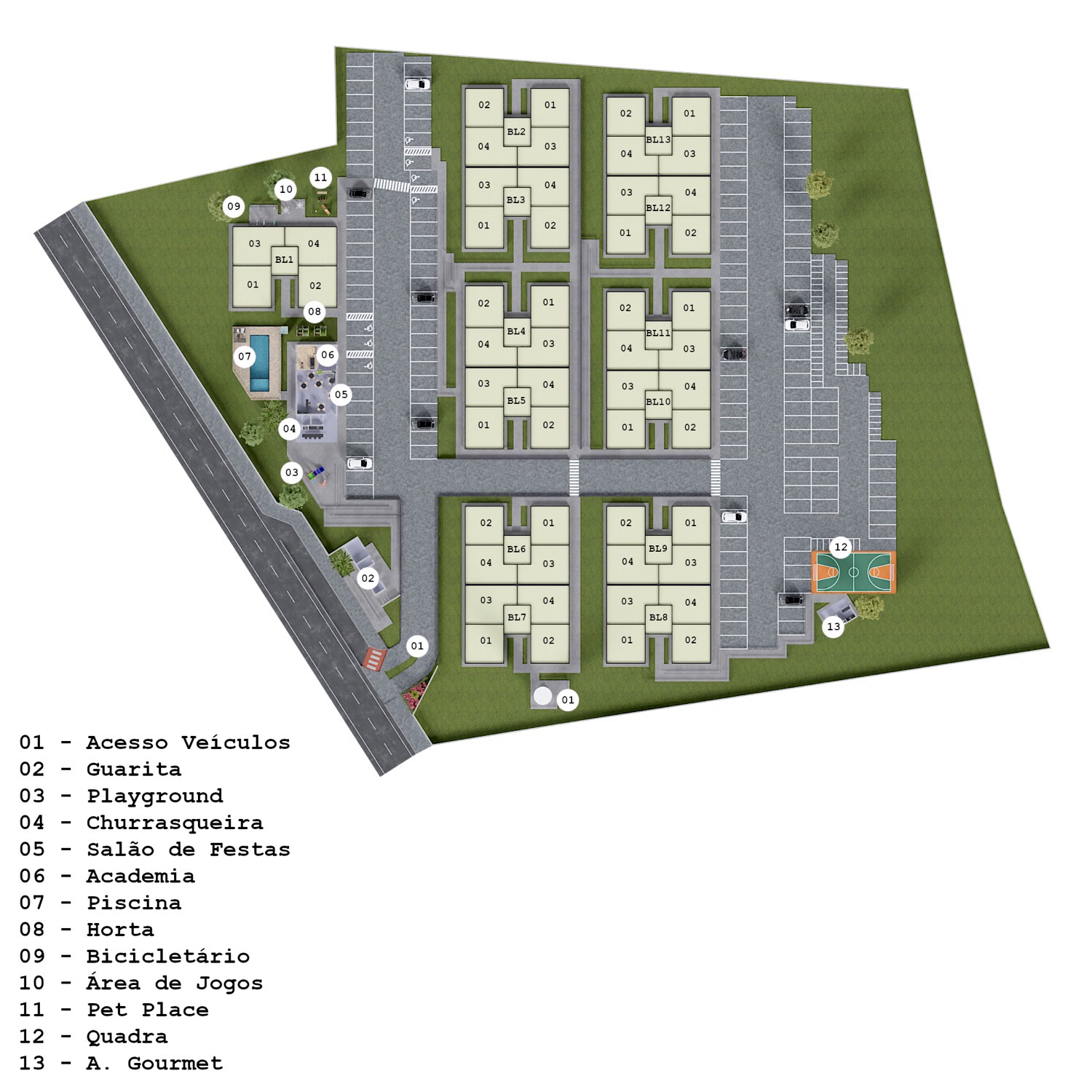 Implantação ilustrativa do Ponto Belo com 13 blocos residenciais, área de lazer e estacionamento